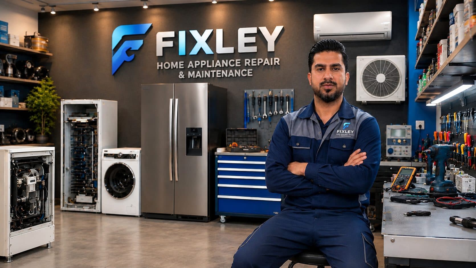 Mohammad Khalid, founder of Fixley, in the appliance repair workshop in Kuwait